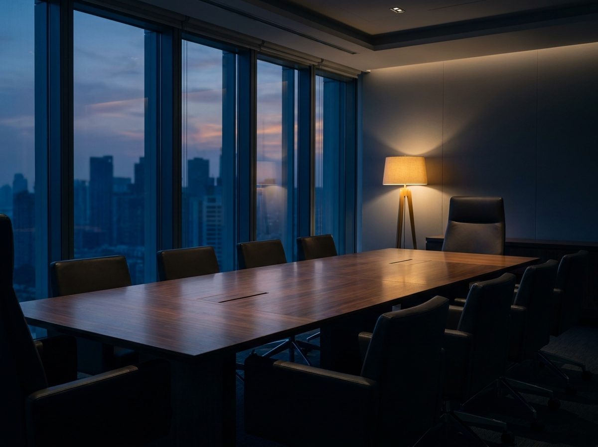 An empty executive boardroom at dusk, the chair at the head of the table turned out