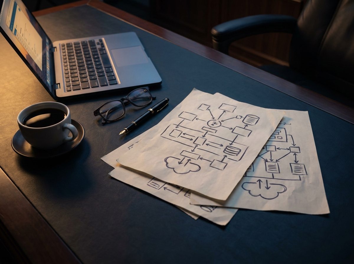 System architecture diagrams and a laptop on a dark executive desk