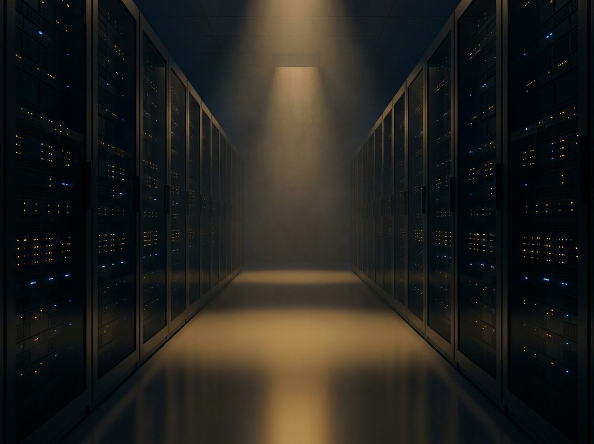 A dark data-center aisle lit by a single shaft of light