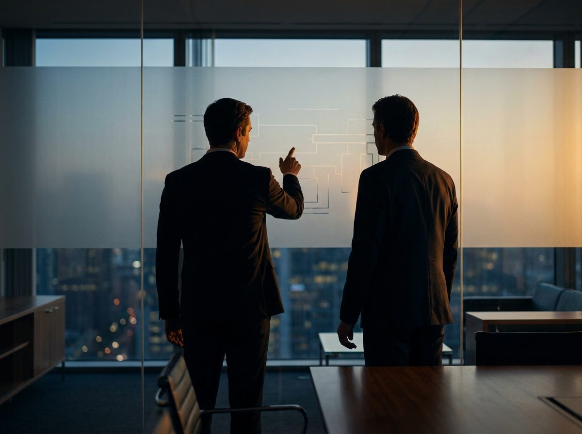 Two executives at a glass wall working through a system architecture diagram